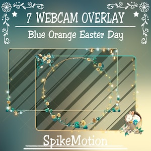 7つの青とオレンジのイースターデーTwitchウェブカメラフレームオーバーレイ、眠っているウサギ、ひよこの卵ストリームパッケージ、花と星のうさぎの耳（デジタルダウンロード）