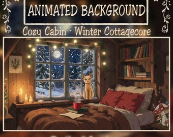 Sfondo animato: accogliente baita con camino, candele, caffè, gatto, notte di Natale, sovrapposizione di flusso Cottagecore invernale, atmosfera della camera da letto