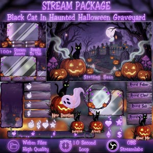Peut inclure: Un pack de streaming numérique sur le thème d'un cimetière d'Halloween hanté avec des chats noirs, des citrouilles orange et des accents violets. Inclut des superpositions, des alertes et des panneaux avec du texte comme Stream Package.