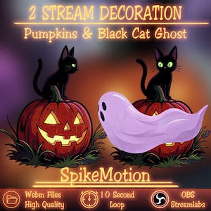 May include: Digital stream decoration featuring two orange jack-o'-lanterns, two black cats, and a light purple ghost. Text reads 2 STREAM DECORATION, Pumpkins & Black Cat Ghost, SpikeMotion, Webm Files, High Quality, 10 Second Loop, OBS Streamlabs.