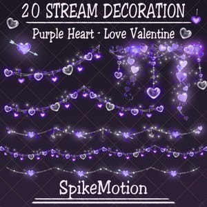 Puede incluir: Ilustración digital de 20 decoraciones de transmisión con temas de corazón púrpura y San Valentín. Las decoraciones incluyen guirnaldas de luces con adornos en forma de corazón y flechas. El texto "20 STREAM DECORATION", "Purple Heart - Love Valentine" y "SpikeMotion" es visible.