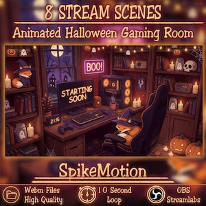 May include: An animated Halloween gaming room digital asset pack featuring 8 stream scenes. The image displays a desk with a computer monitor showing 'STARTING SOON', a keyboard, a mouse, a gaming chair with a fox, and shelves with pumpkins.