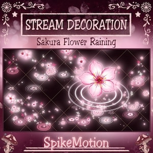 May include: Digital artwork showing a pink sakura flower with glowing petals and concentric circles on a dark background. The text "STREAM DECORATION" and "Sakura Flower Raining" are at the top. The artist's name, "SpikeMotion," is at the bottom.
