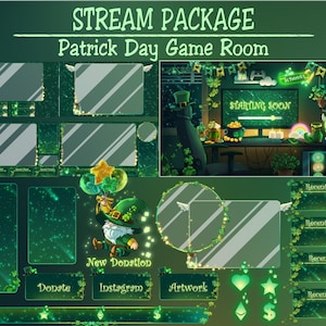 Peut inclure: Un ensemble de diffusion sur le thème de la Saint-Patrick, avec un schéma de couleurs vert et or. La conception comprend des éléments de superposition, une scène de salle de jeux et du texte qui dit "STREAM PACKAGE" et "Patrick Day Game Room".