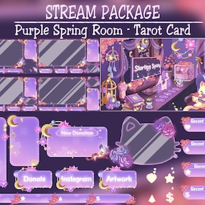 May include: A digital art stream package with a purple spring room theme. The package includes various overlay elements such as chat boxes, donation alerts, and social media buttons. The design features floral accents, moons, stars, and the text "STREAM PACKAGE".