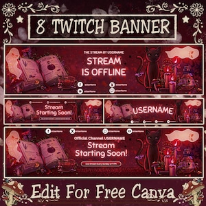 May include: An image featuring eight Twitch banner templates with a mystical theme. The banners showcase illustrations of potion bottles, spell books, black cats, candles, and mushrooms. Text includes "Stream is Offline" and "Stream Starting Soon!" with social media icons and usernames.
