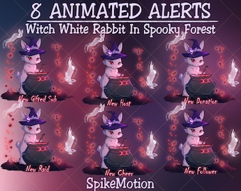 8 Animated Witch White Rabbit Twitch Alert Pack, Easter Bunny Mascot Alerts Bundle: Raid, Cheer, Bits, Follower, Gifted Sub, Donation, Host