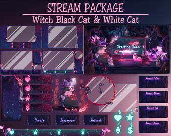 Animated Stream Package: Witch Black Cat Love White Rabbit, Dark Gothic Spooky Forest Twitch Overlay, Poison Bunny, Ghost Tree, Skull Crow