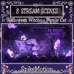 Animated Purple Witchy Desk In Forest Stream Scenes, Wizard Goth, Black Cat Twitch Overlay, Spell Book Potion Candle Butterfly, Ghost Flying