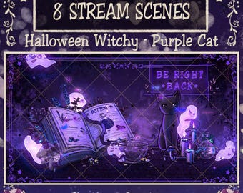 Animated Purple Witchy Desk In Forest Stream Scenes, Wizard Goth, Black Cat Twitch Overlay, Spell Book Potion Candle Butterfly, Ghost Flying