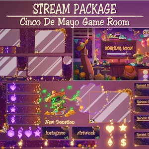 Op de afbeelding: Een digitaal stroompakket met een Cinco de Mayo-thema. Het ontwerp heeft een paars en goud kleurenschema met decoratieve elementen zoals een cactus met een sombrero, schedels en de tekst "STREAM PACKAGE" en "Cinco De Mayo Game Room".