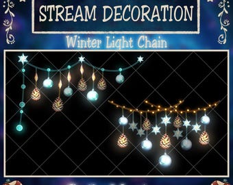 Animated Blue Winter Light Chain Stream Decoration, Twinkle Lights Twitch Overlay, Frost Star, Pinecones, Bauble Vtuber Asset Obs Streamlabs