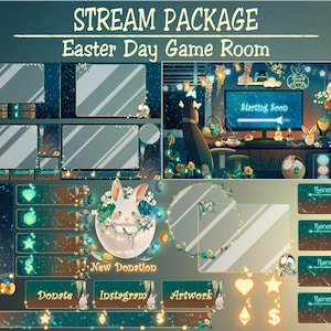 Paquete de transmisión animada: Sala de juegos de PC del Día de Pascua azul, superposición de Twitch de conejo, flor de huevos de pollito, café, cámara web con panel de alerta de luz de neón