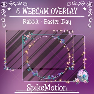 Può includere: Un design di overlay per webcam viola con il testo "6 WEBCAM OVERLAY" e "Rabbit - Easter Day". Il design include accenti floreali e di vite, un bordo decorativo e una grafica di un coniglio in un uovo. Il logo SpikeMotion è in basso.