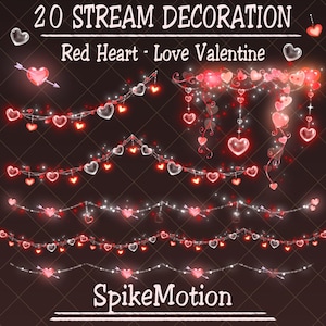 20 glödande röda hjärtformade ljuskedjor för Twitch, Alla hjärtans dag-ljusslingor, stream-aviseringar för romantisk kärleksnatt, Vtuber-tillgångar, Obs, Discord