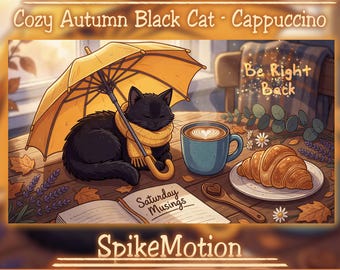 Animated Cozy Black Cat Autumn Café Stream Scenes, Fall Gaming Twitch Overlay, Buttery Croissant, Fresh Latte Capuchino Coffee Daisy, Maple