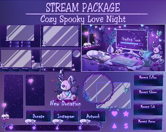 Purple Blue Spooky Valentine Stream Package: Gothic Gaming Room, Cozy Horror Halloween Easter Night, Alerts, Panels, Background, Scenes ...