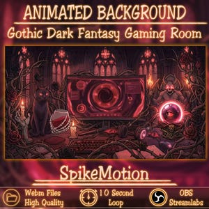Peut inclure: Un arrière-plan animé intitulé "Gothic Dark Fantasy Gaming Room" par SpikeMotion. L'illustration numérique montre une configuration de jeu avec un écran incurvé, un clavier et un casque entourés de roses, un chat noir, une main squelette et un démon.