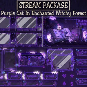 Animated Witchy Stream Package: Black Cat, Purple Forest, Goth Desk