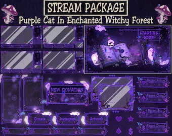Animated Witchy Stream Package: Black Cat, Purple Halloween Haunted Forest, Goth Desk,