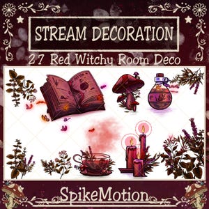 Puede incluir: Ilustración digital con elementos de decoración de habitación de brujas. Incluye un libro de pociones, setas, una botella de poción, velas y una taza de té. El texto dice "STREAM DECORATION" y "27 Red Witchy Room Deco".