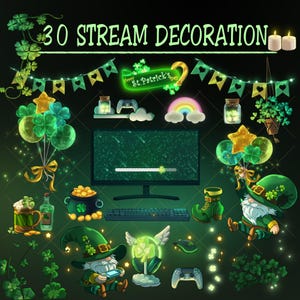 以下が含まれることがあります： 聖パトリックの日のテーマのストリーミング装飾が施されたデジタルイラスト。画像には、コンピューターモニター、風船、虹、金のポット、レプラコーン、およびテキスト「30 STREAM DECORATION」が含まれています。