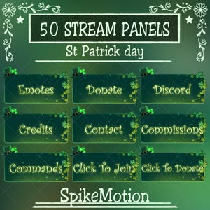 Puede incluir: Un gráfico digital con nueve paneles de transmisión verdes, cada uno con texto como "Emotes", "Donate" y "Discord". Los paneles están decorados con tréboles y sombreros de duende, con el texto "50 STREAM PANELS St Patrick day" en la parte superior.