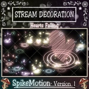 May include: Digital artwork with the text "STREAM DECORATION" and "Hearts Falling." The image shows a black background with glowing hearts, circles, and stars. A large pink heart is outlined in the centre, with the text "SpikeMotion- Version 1" at the bottom.