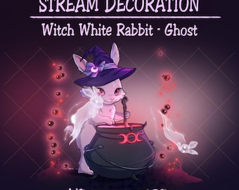 Stream Decoration Gothic Witch White Rabbit Cook Poison, Flying Bunny Ghost Twitch Overlay, Easter Halloween Vtuber Asset, Alerts, Webcam...