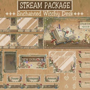 Op de afbeelding: Een digitaal stream-pakket met een betoverend thema. Het ontwerp heeft een bruine achtergrond met paddenstoel- en bloemaccenten. Tekst bevat "STREAM PACKAGE" en "Enchanted Witchy Desk". Elementen zijn overlay-frames, donatie-alerts en social media-knoppen.