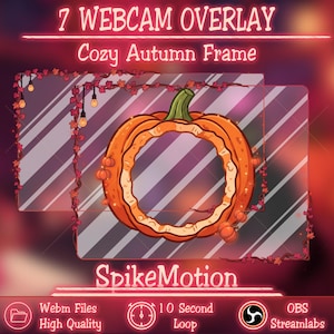Könnte beinhalten: Ein digitales Webcam-Overlay mit dem Titel 7 WEBCAM OVERLAY Cozy Autumn Frame von SpikeMotion. Das Design zeigt einen großen orangefarbenen Kürbisrahmen mit herbstlichen Ranken, hängenden Glühbirnen und kleinen Kürbissen vor einem diagonal gestreiften Hintergrund.