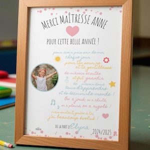 Affiche merci maitresse fin d'année scolaire texte modifiable pastel - cadeau carte maitre  template canva avec prénoms fin d'année scolaire