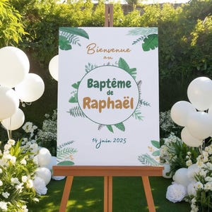 Poster personalizzato per battesimo o compleanno, tema giungla floreale verde e giallo, modificabile con Canva - bambino di 1 anno - decorazione