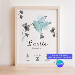 Poster murale personalizzato per bambini con colibrì ad acquerello - nome / informazioni sulla nascita / peso... blu per la stampa - regalo di nascita
