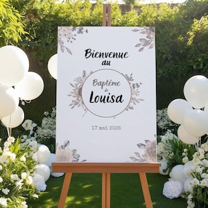 Welcome to baptism or birthday poster, beige country floral theme, Editable with Canva - 1 year old girl or boy - decoration