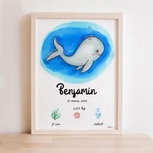 Poster personalizzato per bambini con balena ad acquerello - nome / informazioni sulla nascita / peso / altezza blu da stampare