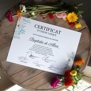 Certificado de matrimonio secular, certificado de unión y PACS, texto para modificar con Canva - Flores silvestres en acuarela