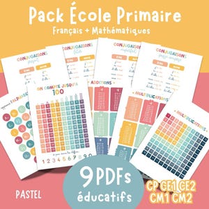 May include: A collection of nine educational PDFs for primary school, featuring colorful charts for French and math. The pack includes conjugation, addition, multiplication, and alphabet learning materials. The design is pastel-themed.