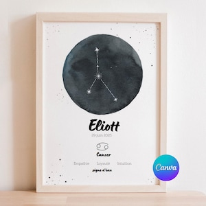 Affiche Signe du zodiaque astrologique Cancer Bleue à imprimer  Template Canva personnalisable Prénom date année de naissance constellation