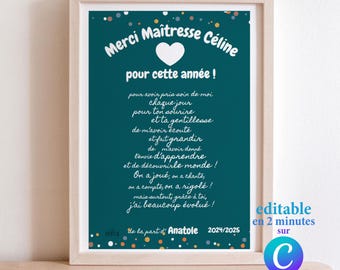 Thank you teacher personalized printable thank you card with editable text and first names - end of year gift - canva template