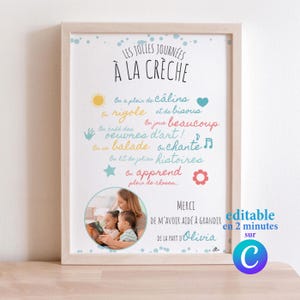 Peut inclure: Une affiche encadrée avec le texte "LES JOLIES JOURNÉES À LA CRÈCHE". L'affiche comprend des illustrations colorées et du texte en français, ainsi qu'une photo d'une femme et de deux enfants. Le coin inférieur droit porte la mention "editable en 2 minutes sur C".