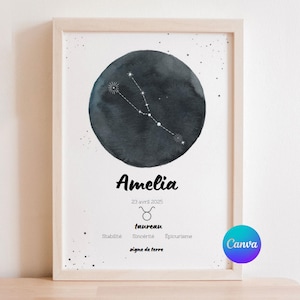 Affiche Signe du zodiaque astrologique Taureau Bleue à imprimer  Template Canva personnalisable Prénom date année de naissance constellation