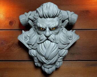Dwarven Warrior Wall Decor with LED Eyes: Marble PLA Fantasy Sculpture