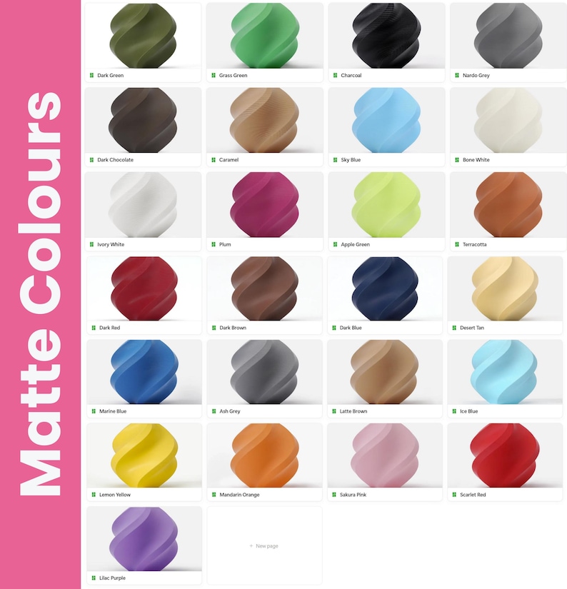 Pu&ograve; includere: Una griglia di oggetti con finitura opaca in vari colori, tra cui verde, nero, blu e marrone. Il testo "Matte Colours" &egrave; visualizzato verticalmente. Ogni oggetto ha un nome di colore specifico.
