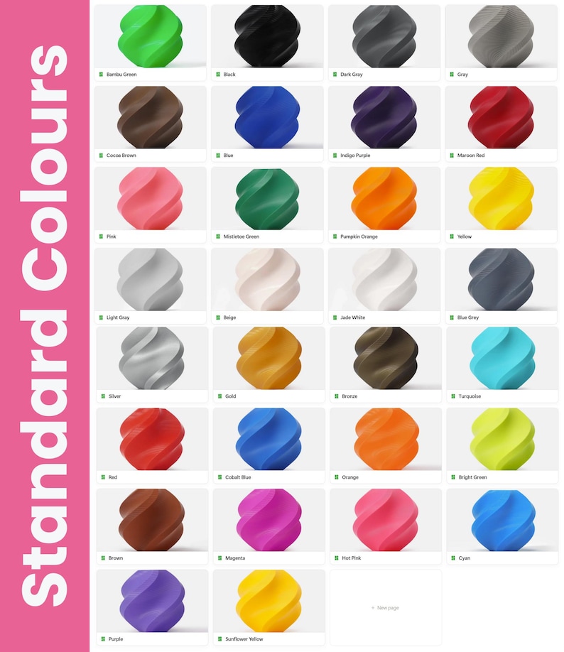 Pu&ograve; includere: Una tabella dei colori che mostra una variet&agrave; di colori standard. Ogni colore &egrave; rappresentato da una sfera a spirale stampata in 3D. I colori includono verde, nero, grigio scuro, grigio, marrone, blu, viola, rosso, arancione e giallo. Il testo "Standard Colours" &egrave; a sinistra.