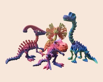 Articulated Dinosaur Skeletons, 3D Printed in Rainbow Matte PLA, Parasaurolophus, T-Rex, Dilophosaurus & Brachiosaurus