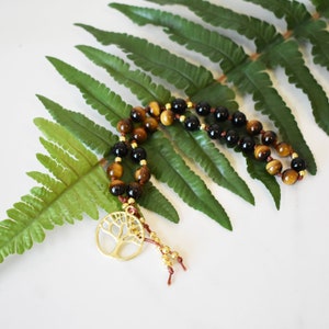 clarity and protection beads, tiger eye and gold tree of life meditation beads