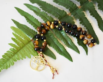 Clarity and Protection Mini Mala, 27 Bead Mala, Tiger Eye and Black Onyx Meditation Beads, Prayer Beads, Protection Beads, Tree of Life Mala