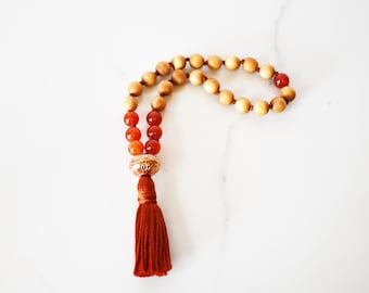 Hand Knotted Sandalwood Carnelian Mala: 27 Bead Meditation Beads
