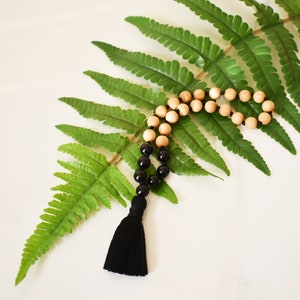 sandalwood and black onyx meditation beads, 27 bead sandalwood and gemstone mini mala, meditation gift